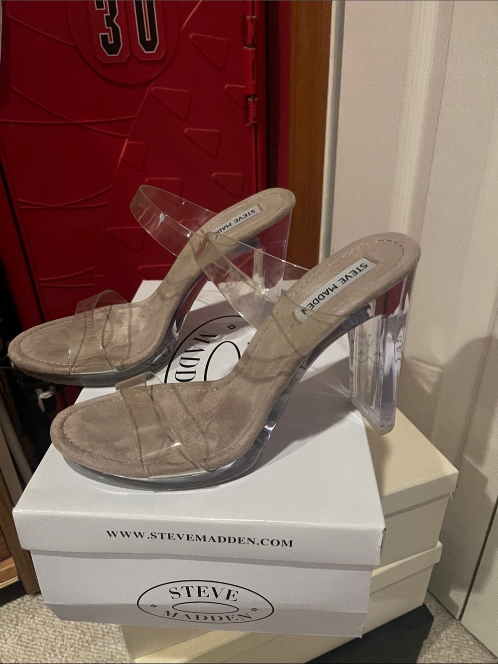 Steve Madden Clear Strap Sandal in Taupe Suede - Picture 3 of 5